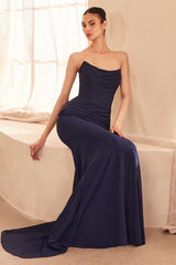 strapless floor-length gown with a fitted silhouette and draped bodice