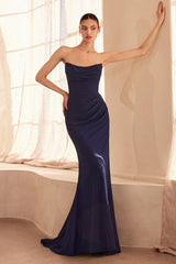 strapless floor-length gown with a fitted silhouette and draped bodice