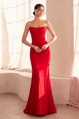 strapless floor-length gown with a fitted silhouette and draped bodice
