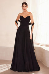 flowing chiffon gown with a strapless sweetheart neckline and ruched bodice