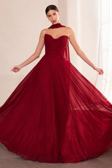 flowing chiffon gown with a strapless sweetheart neckline and ruched bodice