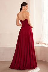 flowing chiffon gown with a strapless sweetheart neckline and ruched bodice
