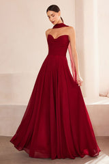 flowing chiffon gown with a strapless sweetheart neckline and ruched bodice
