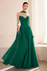 flowing chiffon gown with a strapless sweetheart neckline and ruched bodice