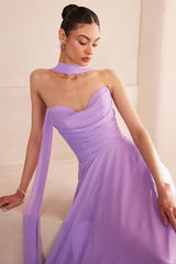 flowing chiffon gown with a strapless sweetheart neckline and ruched bodice