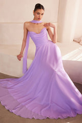 flowing chiffon gown with a strapless sweetheart neckline and ruched bodice