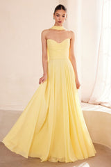 flowing chiffon gown with a strapless sweetheart neckline and ruched bodice