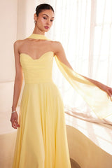 flowing chiffon gown with a strapless sweetheart neckline and ruched bodice