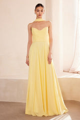 flowing chiffon gown with a strapless sweetheart neckline and ruched bodice