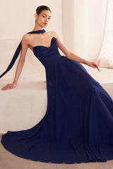 flowing chiffon gown with a strapless sweetheart neckline and ruched bodice