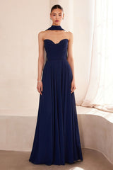 flowing chiffon gown with a strapless sweetheart neckline and ruched bodice