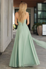 flowing chiffon gown with a strapless sweetheart neckline and ruched bodice