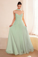 flowing chiffon gown with a strapless sweetheart neckline and ruched bodice