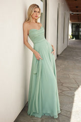 flowing chiffon gown with a strapless sweetheart neckline and ruched bodice