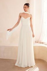 flowing chiffon gown with a strapless sweetheart neckline and ruched bodice