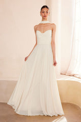 flowing chiffon gown with a strapless sweetheart neckline and ruched bodice