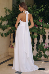 Model wearing a halter maxi dress featuring a plunging neckline, ruched waist, and flowing floor-length skirt
