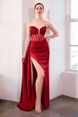 Strapless satin mesh corset maxi gown with side slit and train