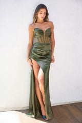 Strapless satin mesh corset maxi gown with side slit and train