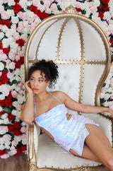 Aqua backless halter neck sequin fringe mini dress with side slits