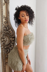 Matcha colored furry crop top paired with tight furry mini skirt