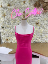 Fushia backless dress.