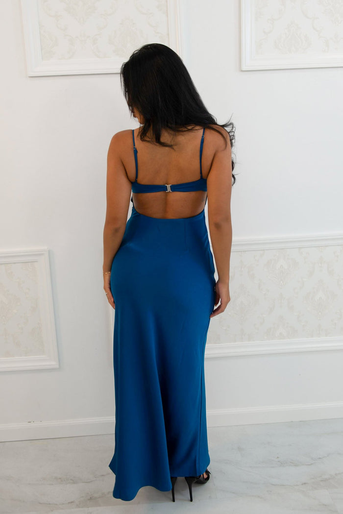 Satin maxi dress with lace trim detail and open back