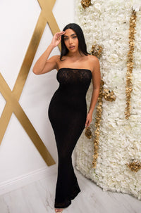 Strapless lace mesh bodycon maxi dress
