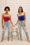 Strapless slinky crop top in blue and berry