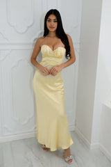 Strapless satin midi dress
