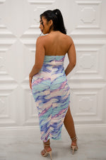 Strapless tie dye ruched bodycon midi dress with back slit in purple