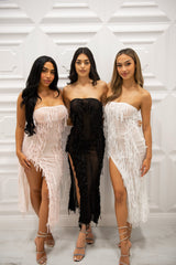 Strapless mesh feathered midi dress with high side slit