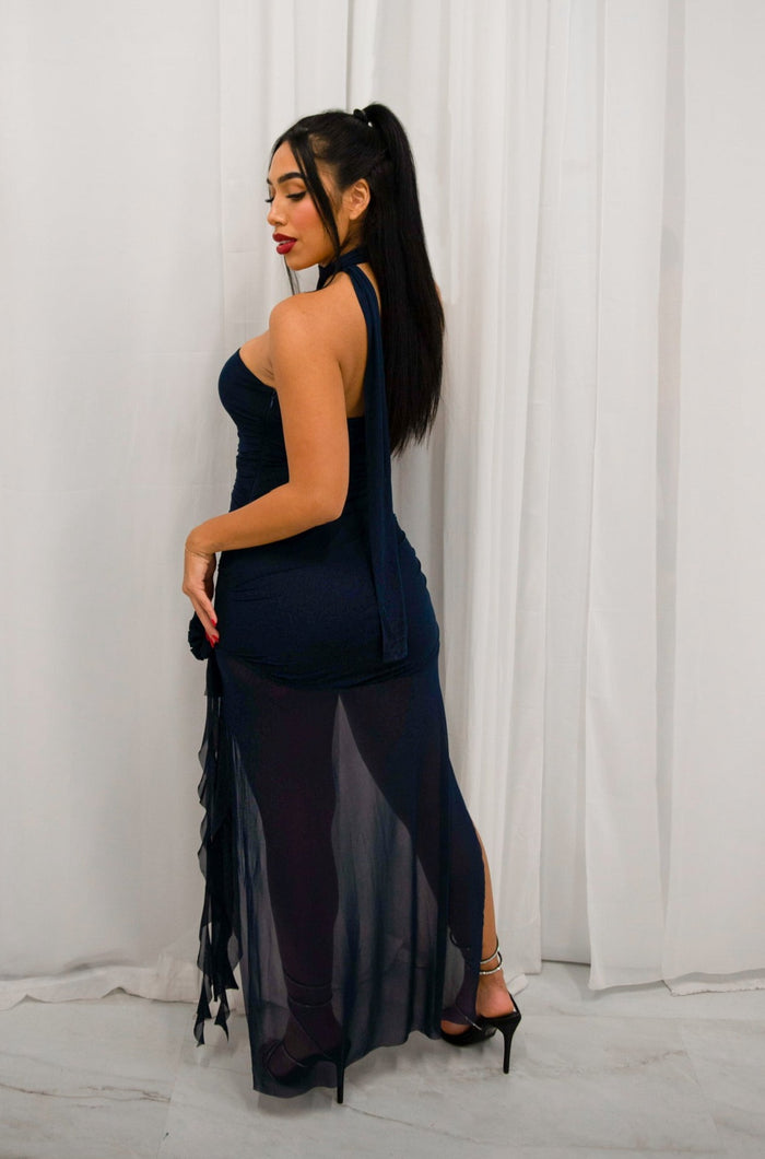 Strapless ruffled mesh midi dress with floral neck scarf detail