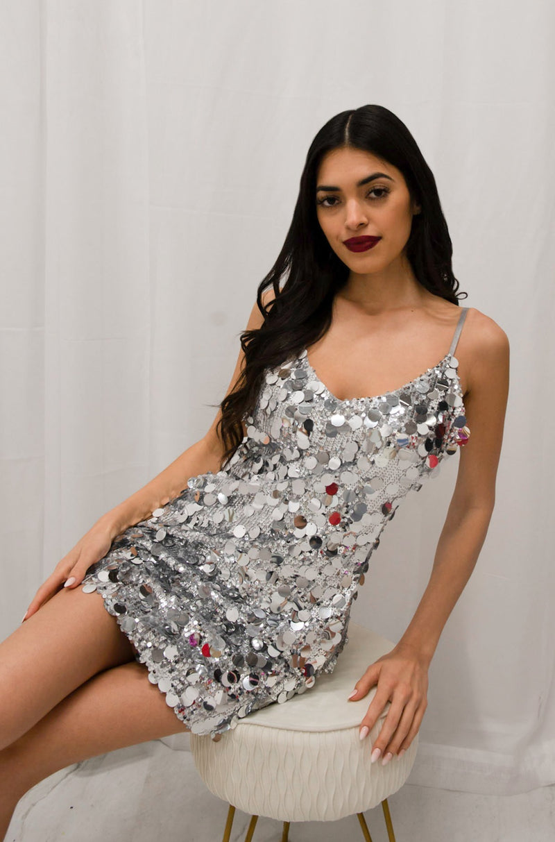 Large sequin mini dress with adjustable straps