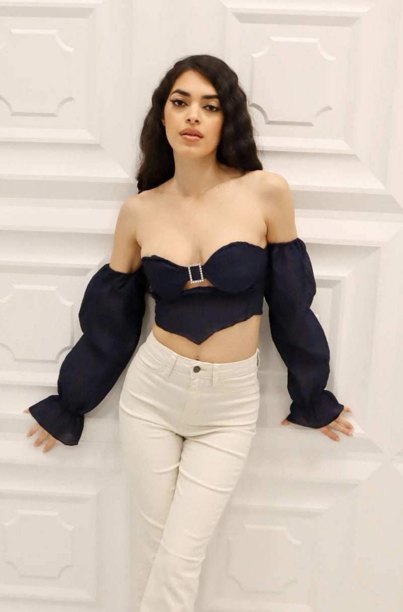 Embedded crop top with detached puff sleeves in navy