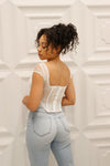 Lace cropped corset with back clasp closure in white