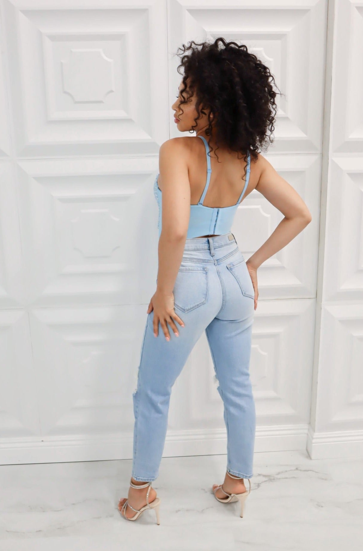 High rise distressed mom jeans in light wash