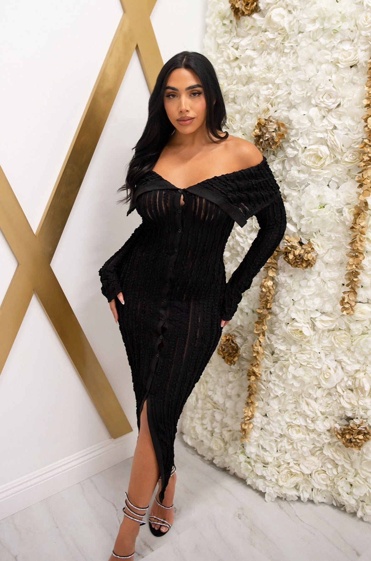 Off the shoulder mesh button down bodycon midi dress with ruffled details