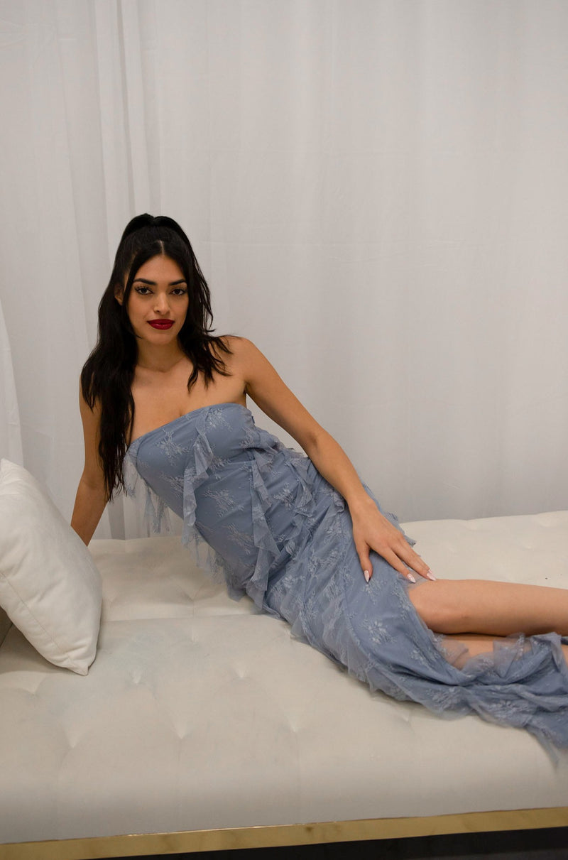 Strapless ruffled midi dress with side slit