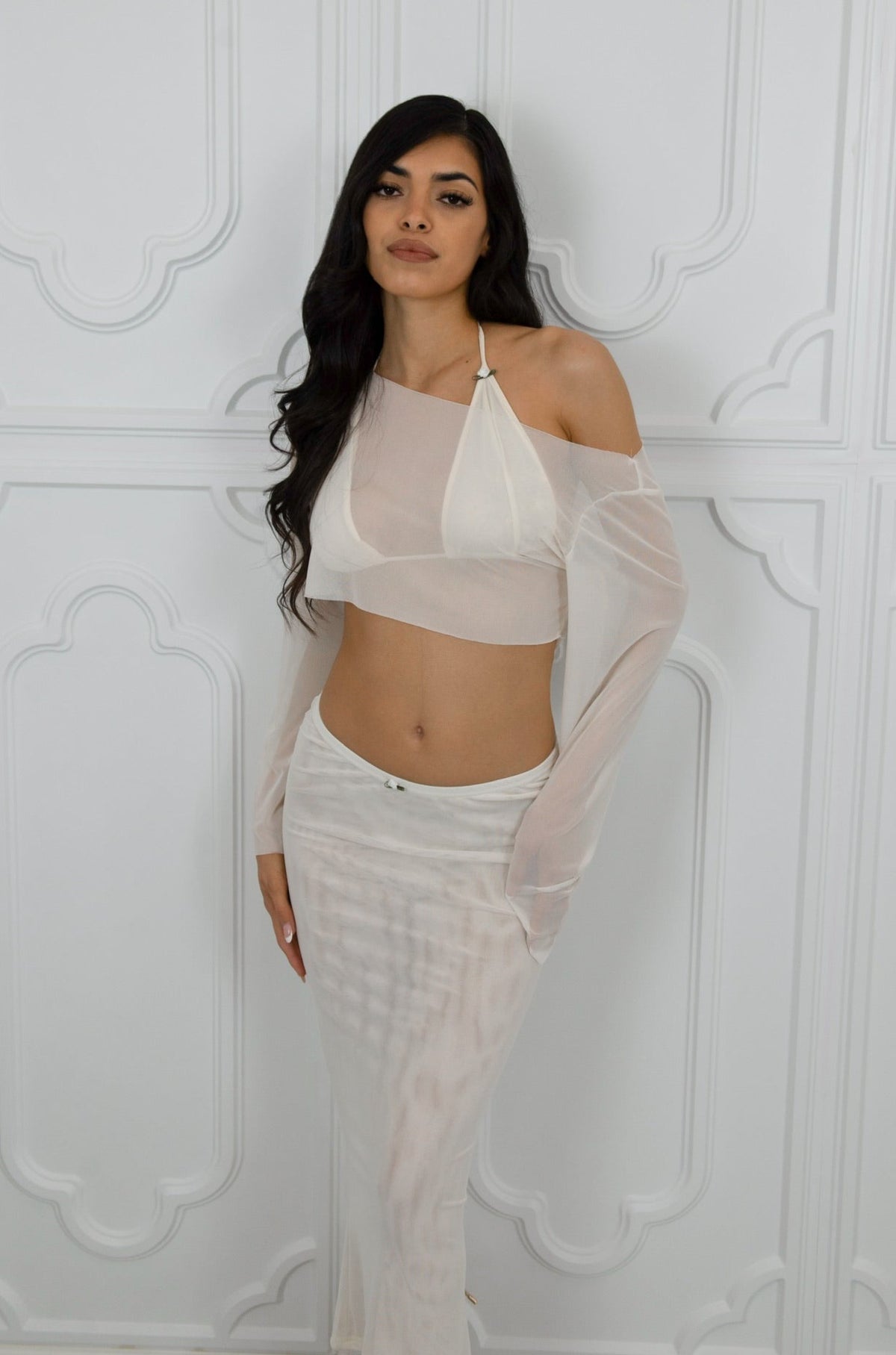 3 piece bikini top set with matching mesh long sleeve top and mesh low waist maxi skirt