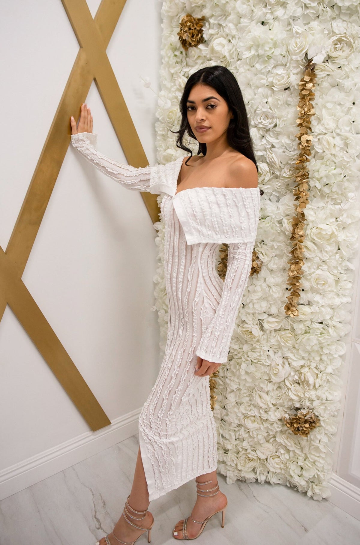 Off the shoulder mesh button down bodycon midi dress with ruffled details