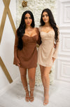 Long mesh sleeve backless flowy mini dress with adjustable drawstring back, and adjustable straps