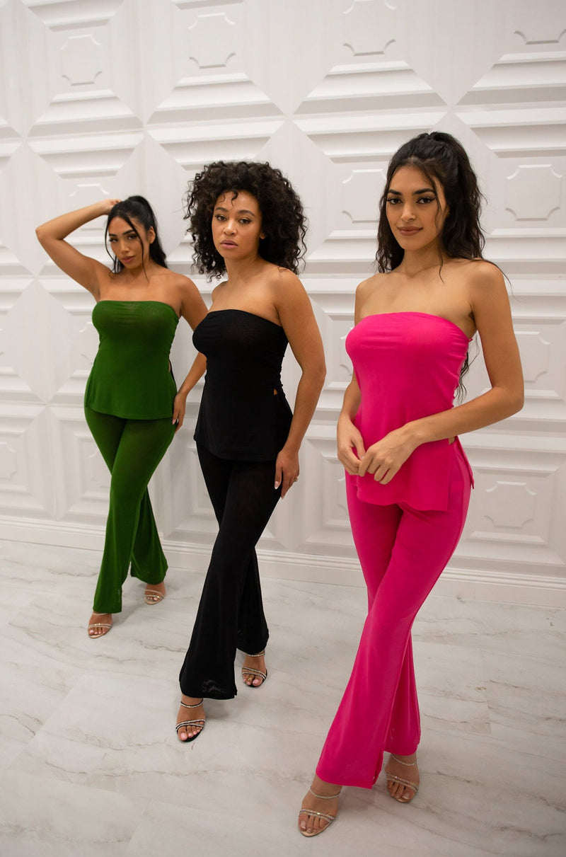 Strapless mesh top with side slits and matching mesh pants