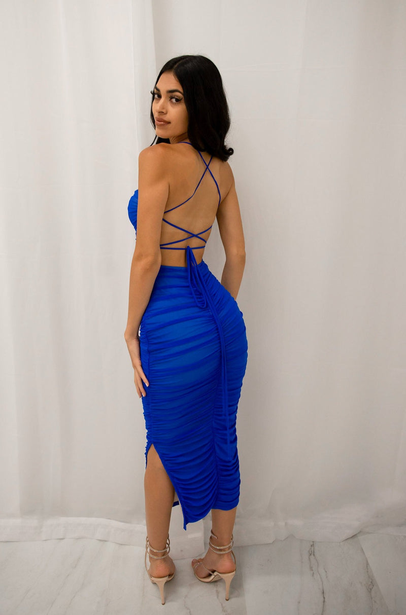 Mesh midi dress with adjustable criss cross tie back detail and halter neck