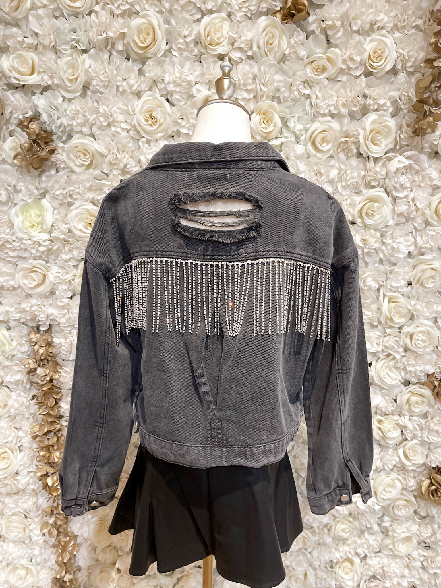 Iris Rhinestone Fringe Denim Jacket (Black)