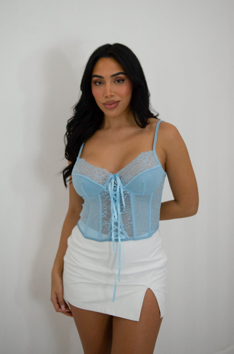 Cropped lace cami corset with satin ribbon