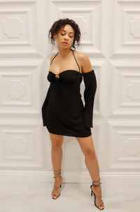 Off the shoulder loose mini dress with halter neck tie and side zipper closure in black