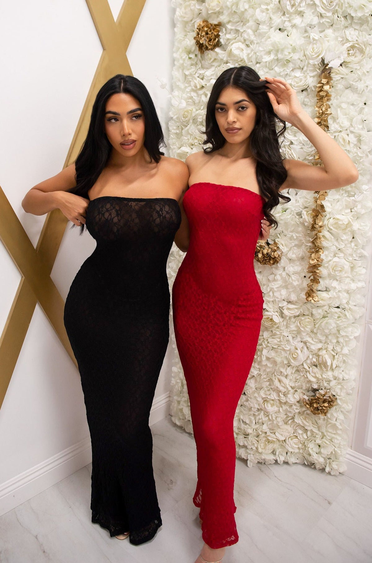 Strapless lace mesh bodycon maxi dress