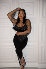 Rhinestone long sleeve top with fur sleeves in black
