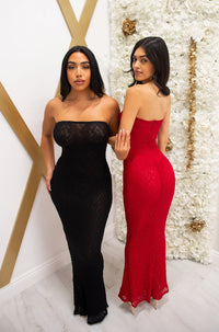 Strapless lace mesh bodycon maxi dress